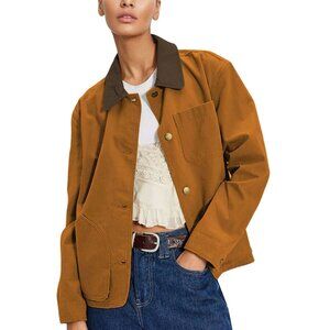 Oversized Cotton Barn Jacket with Contrast Collar and Pockets